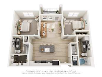 A 3D floor plan of a house with a living room, kitchen, and two bedrooms.