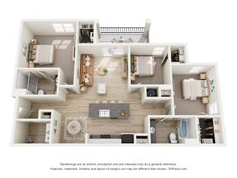 A 3D floor plan of a house with a kitchen, living room, and two bedrooms.