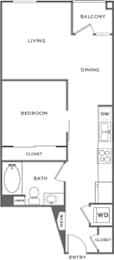 A floor plan of a small apartment with a living room, dining room, bedroom, bathroom, and closet.