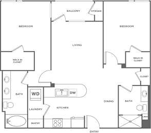 A black and white floor plan of a house with two bedrooms, a living room, a dining room, a kitchen, a pantry, a laundry room, a bathroom, a walk-in closet, and storage.