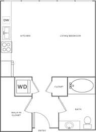 A floor plan of a small apartment with a kitchen, living/bedroom, bath, and closet.