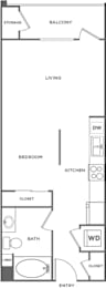 A floor plan of a home with a living room, bedroom, bathroom, and kitchen.