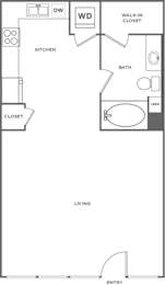 A floor plan of a small apartment with a living room, kitchen, bathroom, and two closets.