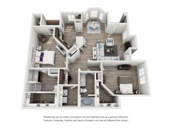 A 3D rendered image of a house layout.