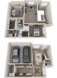 A 3D floor plan of a house with two bedrooms, a living room, a kitchen, and a garage.