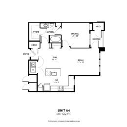 A black and white drawing of a floor plan for a 867 square foot unit.