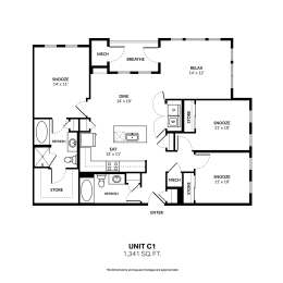 A black and white image of a floor plan for a unit labeled "Unit C1" with a total area of 1,241 square feet.