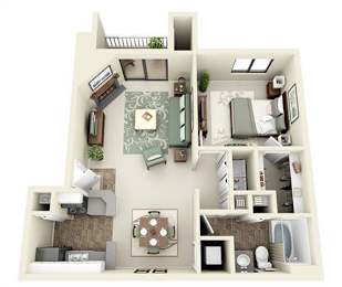 A 3D floor plan of a small apartment with a living room, kitchen, and bathroom.