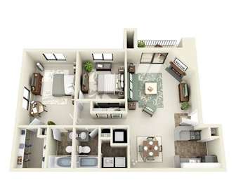 A 3D floor plan of a house with a kitchen, living room, and two bedrooms.