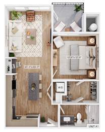 A floor plan of a small apartment with a living room, kitchen, and bathroom.