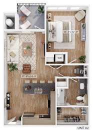A floor plan of a small apartment with a kitchen, living room, and bathroom.
