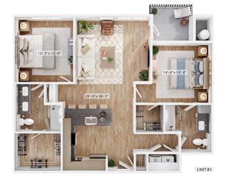 A floor plan of a small apartment with a living room, kitchen, and bathroom.