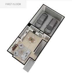 A first floor apartment with a living room, kitchen, and two bedrooms.