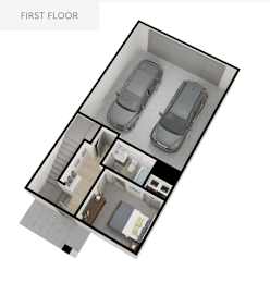 A first floor floor plan with two cars parked in the garage.