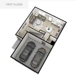 A first floor floor plan shows a living room, dining room, kitchen, and two bedrooms.