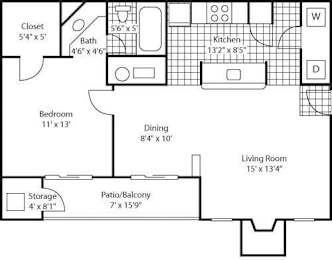 A floor plan of a small apartment with a living room, dining room, kitchen, bedroom, bathroom, and storage area.