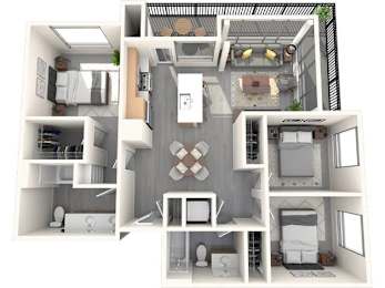 A 3D floor plan of a small apartment with a kitchen, living room, and bathroom.