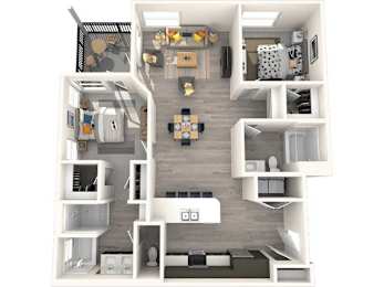 A 3D floor plan of a small apartment with a kitchen, living room, and bedroom.