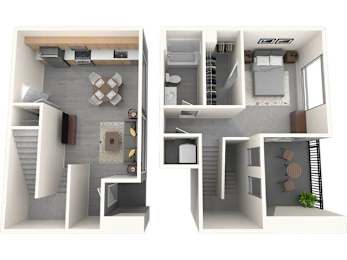 A 3D floor plan of a house showing two rooms.