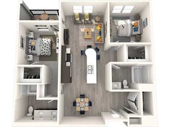 A 3D floor plan of a small apartment with a kitchen, living room, and bathroom.
