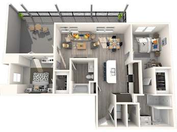 A 3D floor plan of a small apartment with a kitchen, living room, and bathroom.