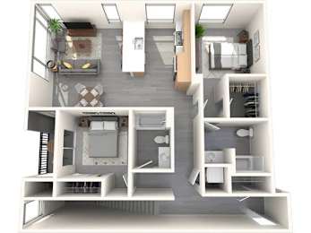 A top-down view of a small apartment with a kitchen, living room, and bedrooms.