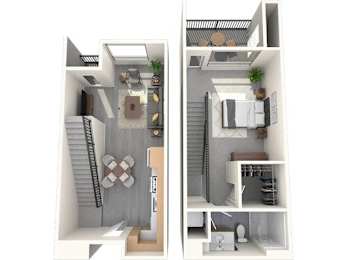 A top-down view of a small apartment with a living room and kitchen area.