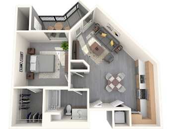 A 3D floor plan of a house showing a kitchen, living room, and bathroom.