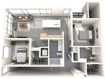 A 3D floor plan of a small apartment with a kitchen, living room, and bedroom.