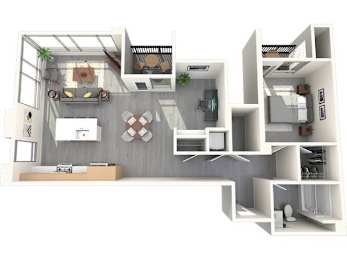A 3D floor plan of a modern apartment with a kitchen, living room, and bathroom.