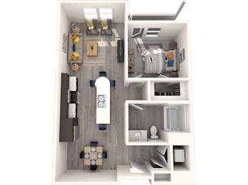 A 3D floor plan of a small apartment with a kitchen, living room, and bathroom.