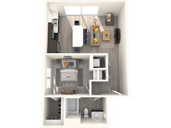 A top-down view of a small, modern apartment with a kitchen, living room, and bathroom.