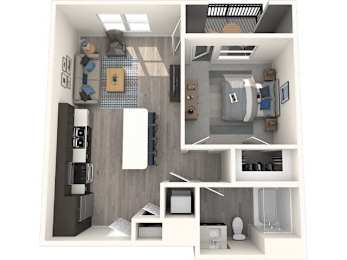 A 3D floor plan of a small apartment with a kitchen, living room, and bedroom.