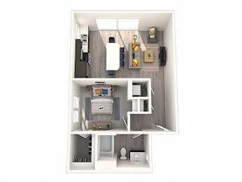 A white dollhouse with a kitchen and living room.