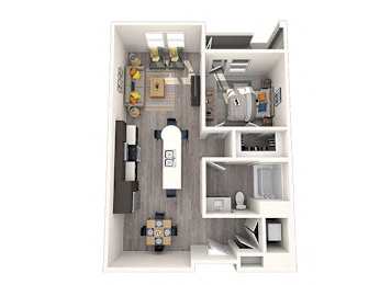 A 3D floor plan of a small apartment with a kitchen, living room, and bathroom.