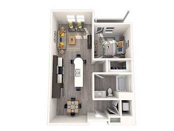 A 3D floor plan of a small apartment with a kitchen, living room, and bathroom.