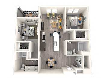 A 3D floor plan of a house with a kitchen, living room, and two bedrooms.