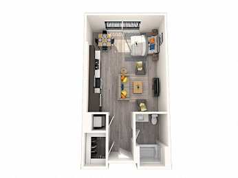 A small apartment with a bedroom, living room, and kitchen.