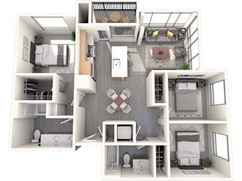 A 3D floor plan of a house with a kitchen, living room, and two bedrooms.