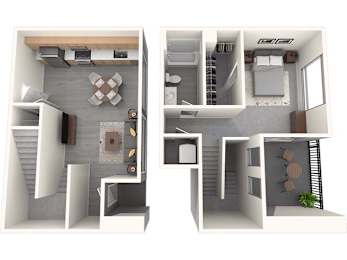 A 3D floor plan of a two-story apartment with a living room, kitchen, and bathroom on the first floor, and a bedroom with a bathroom on the second floor.