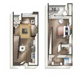 A floor plan of a two-story apartment with a living room, kitchen, and bedrooms.