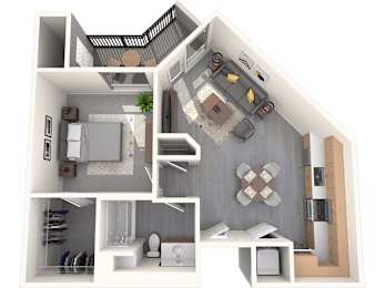 A 3D floor plan of a house showing a kitchen, living room, and bathroom.