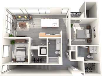 A 3D rendered image of a modern apartment layout.