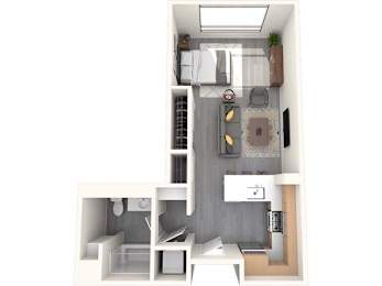A small apartment with a kitchen, living room, and bathroom.