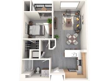 A top-down view of a small apartment with a kitchen, living room, and bathroom.