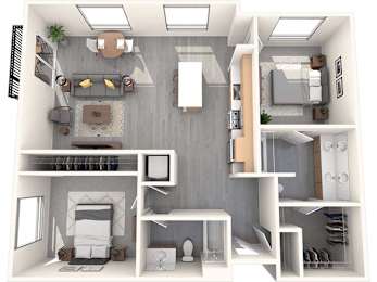 A 3D floor plan of a small apartment with a kitchen, living room, and bedroom.