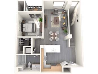 A 3D floor plan of a small apartment with a kitchen, living room, and bathroom.