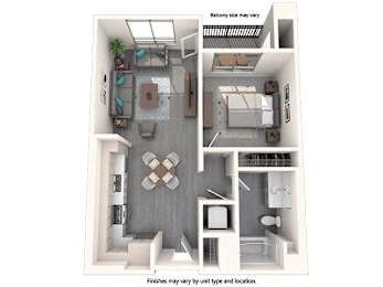 A diagram of a house layout with a kitchen, living room, and bathroom.