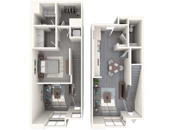 A 3D floor plan of a small apartment with a kitchen, living room, and bathroom.