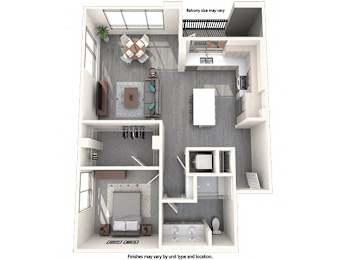 A floor plan of a small apartment with a kitchen, living room, and bathroom.